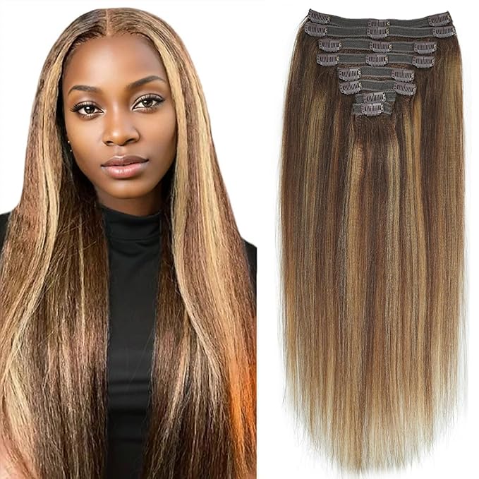 #4/27/4 Highlight Yaki Straight Clip in Hair Extensions Real Human Hair Omber Clip ins For Women Yaki Straight Clip on Hair(18inch,#4/27/4)