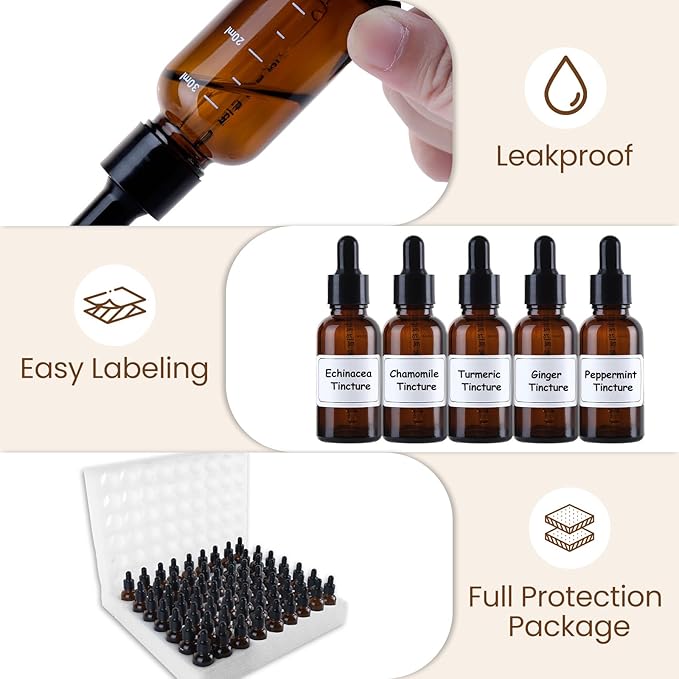 63 Pcs 1oz Amber Glass Dropper Bottles with Measurement, 30ml Leakproof Tincture Bottles with Funnels, Eye Droppers, Extra Caps & Labels, Refillable Empty Bottle for Tinctures, Essential Oils