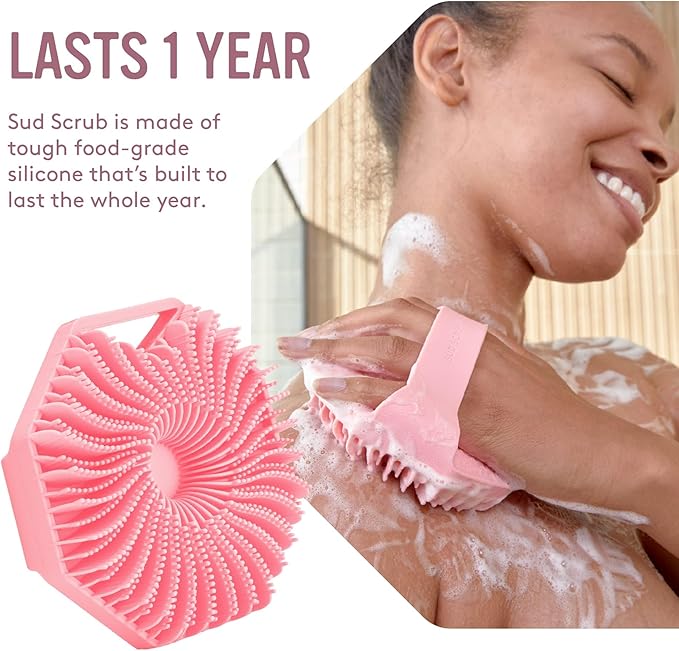 Sud Scrub® Antimicrobial Silicone Body Scrubber, Exfoliating Body Scrubber for Sensitive Skin, Eco Friendly Shower Scrubber for Body, Silicone Body Brush for Showering, Pink