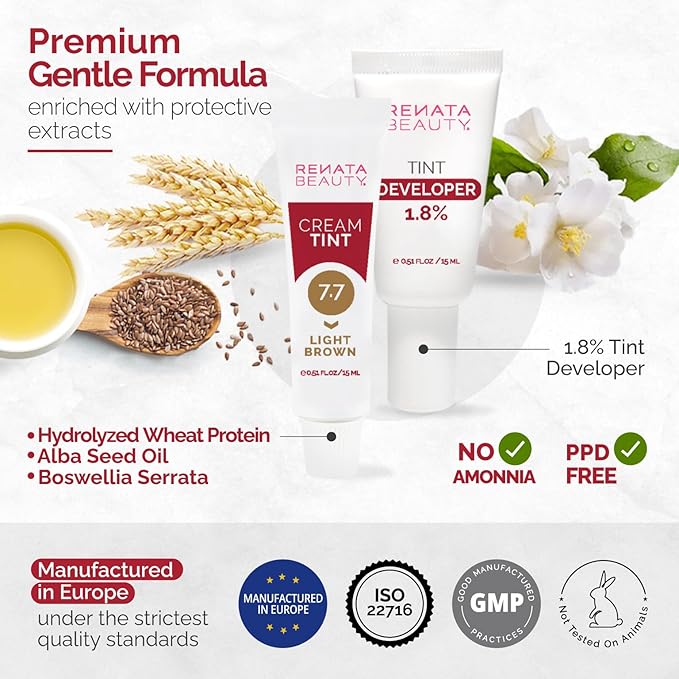 RB RENATA BEAUTY Tint Kit – Cream Hair Dye Kit with Developer and Application Brush for Spot Coloring - Covers Gray Hairs, Smudge-Proof, Long-Lasting Up to 4 Weeks, 20 Applications [Light Brown]