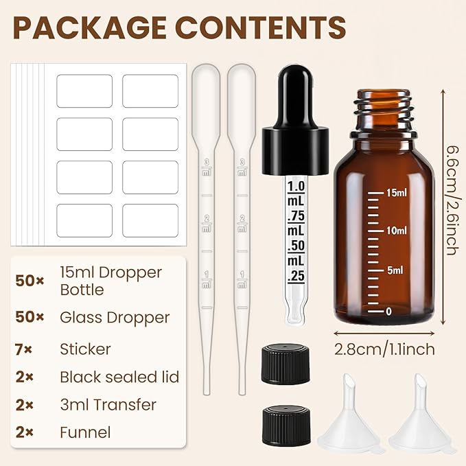 50 Pcs 1/2oz Amber Glass Dropper Bottles with Measurement, 15ml Leakproof Tincture Bottles with Funnels, Eye Droppers, Extra Caps & Labels, Refillable Empty Bottle for Tinctures, Essential Oils