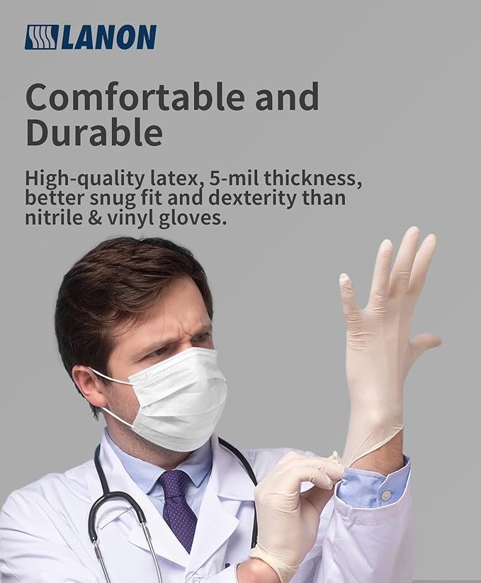 LANON 5 mil Latex Disposable Gloves, Food-Contact Grade, Powder-Free, Fully Textured, White, Medium