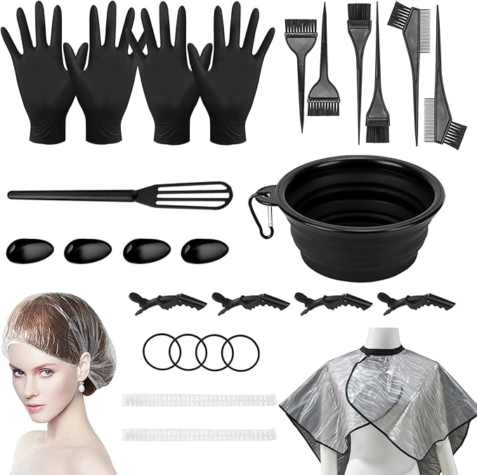28 Pcs Hair Dye Coloring Kit,Hair Dye Tools for DIY Salon.Hair Dye Brush and Bowl Set, with Dye Brush/Ear Cover/Gloves/Comb/Hairpin/Hair Coloring Cape(Black)