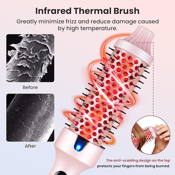CHIKYO Upgraded Infrared Thermal Brush, 1.5 Inch Heated Round Brush, Negative Ion Curly Hair Brush, Curling Iron with Dual Voltage & Dual PTC & 6 Heat Settings, Pink
