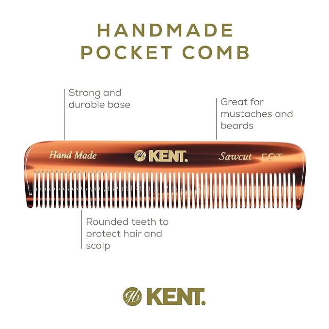 Kent A FOT Tortoiseshell Fine Tooth Handmade Pocket Comb for Men, Women and Kids, Hair Comb Straightener for Grooming and Styling, Beard and Mustache, Saw Cut and Hand Polished, Made in England
