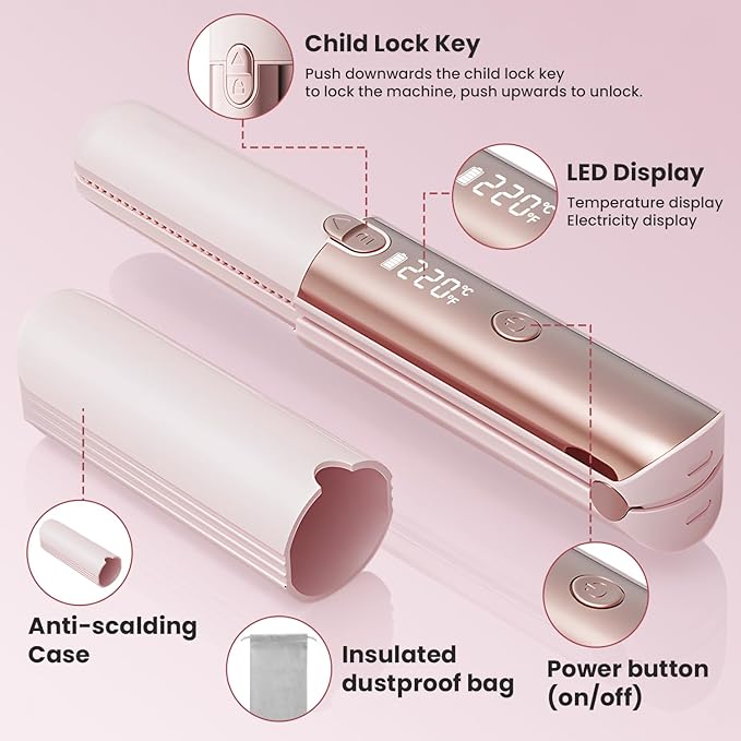 CHIKYO Cordless 2 in 1 Hair Straightener Portable On-The-Go Curling Iron, Portable Power Bank, 7 Temps, LED Display, Rechargeable Mini Flat Iron for Travel, 5000mAh Battery, Pink
