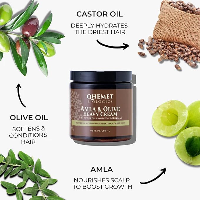 Qhemet Biologics Amla & Olive Heavy Cream - Moisturizing Balm for Extremely Dry & 4C Hair - Adds Soft, Supple Moisture & Hydration to Afros, Coils, Curls, Puffs, Twists, Braids, Locs & More (8.9 oz)