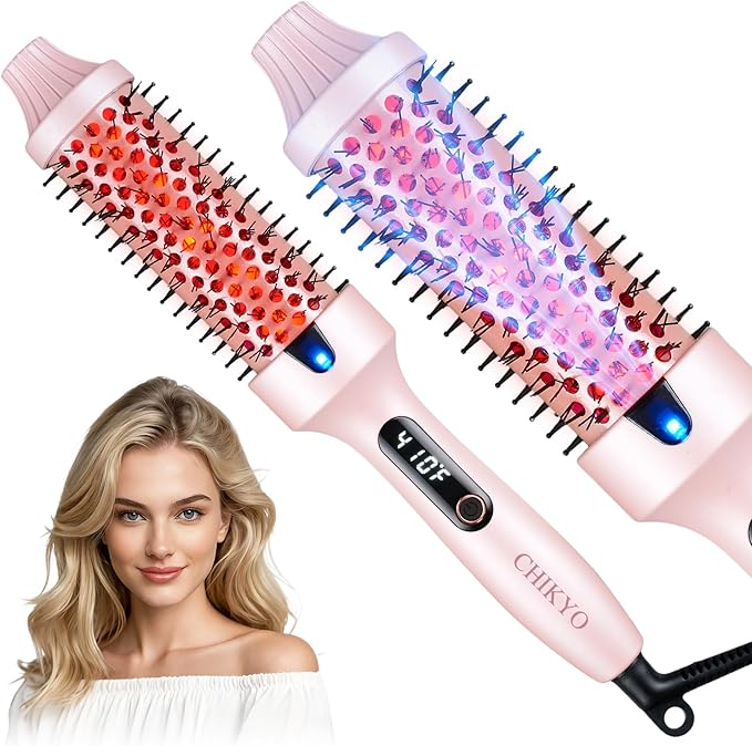 CHIKYO Upgraded Infrared Thermal Brush, 1.5 Inch Heated Round Brush, Negative Ion Curly Hair Brush, Curling Iron with Dual Voltage & Dual PTC & 6 Heat Settings, Pink