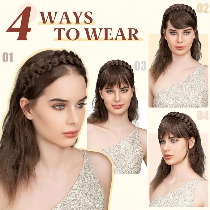 SARLA Braided Headband with 3 Detachable Clip in Bangs Fringe Hairpieces Fake Synthetic Hair Band Bangs for Women Tizian Red