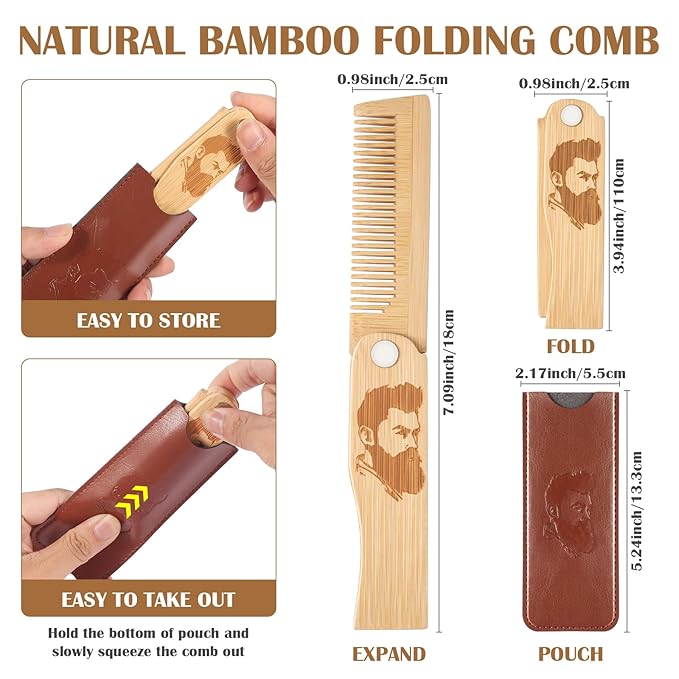 Folding Beard Comb for Men, Portable Bamboo Beard & Mustache Comb Hair Brush with Travel Pouch, Ideal Father’s Day, Birthday, Christmas Gift Stocking Stuffers for Him