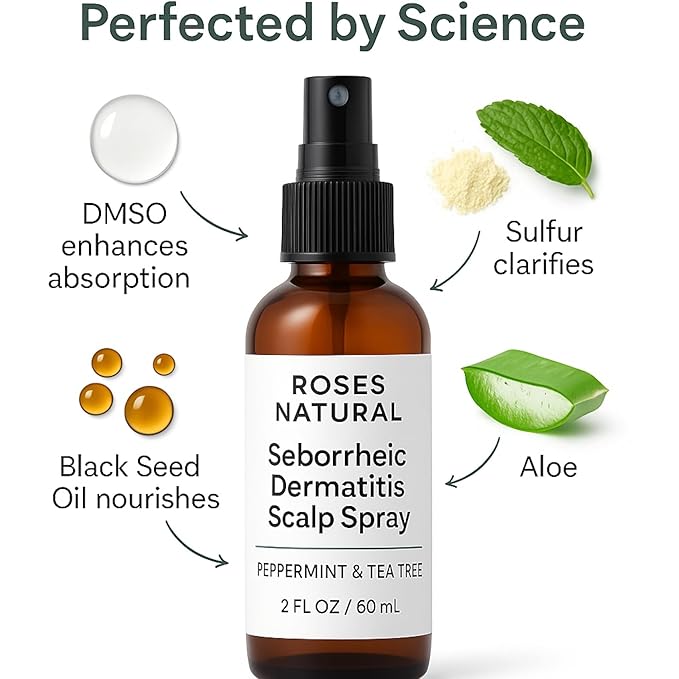 Seborrheic Dermatitis Scalp Spray, Plant-Based Relief with DMSO, Sulfur, Black Seed Oil, Peppermint & Tea Tree, Anti-Itch, 2 fl oz