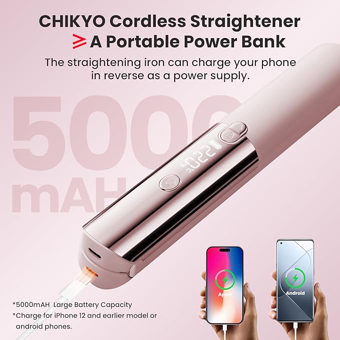 CHIKYO Cordless 2 in 1 Hair Straightener Portable On-The-Go Curling Iron, Portable Power Bank, 7 Temps, LED Display, Rechargeable Mini Flat Iron for Travel, 5000mAh Battery, Pink