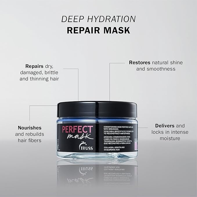 TRUSS Perfect Hair Mask with Collagen, Keratin & Hyaluronic Acid - Deep Conditioning Hair Treatment - Intense Moisture & Hydration - Repairs Fine, Thinning, Brittle, Dry Damaged Hair