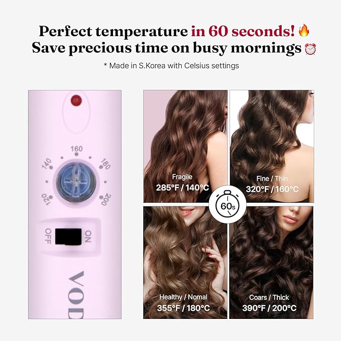 VODANA Professional GlamWave Ceramic Curling Iron, Long-Lasting Natural Curls, Instant Heat, Hair Curler, Curling Wand, Available in USA (1.6 inch, Lavender)