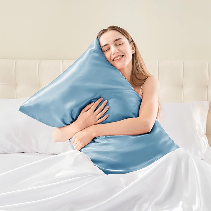 BEDELITE Satin Pillowcase with Zipper, Blue King Size Pillow Cases Set of 2, Super Soft and Cooling Similar to Silk Pillow Cases, Gift for Women Men(20x36 Inches)