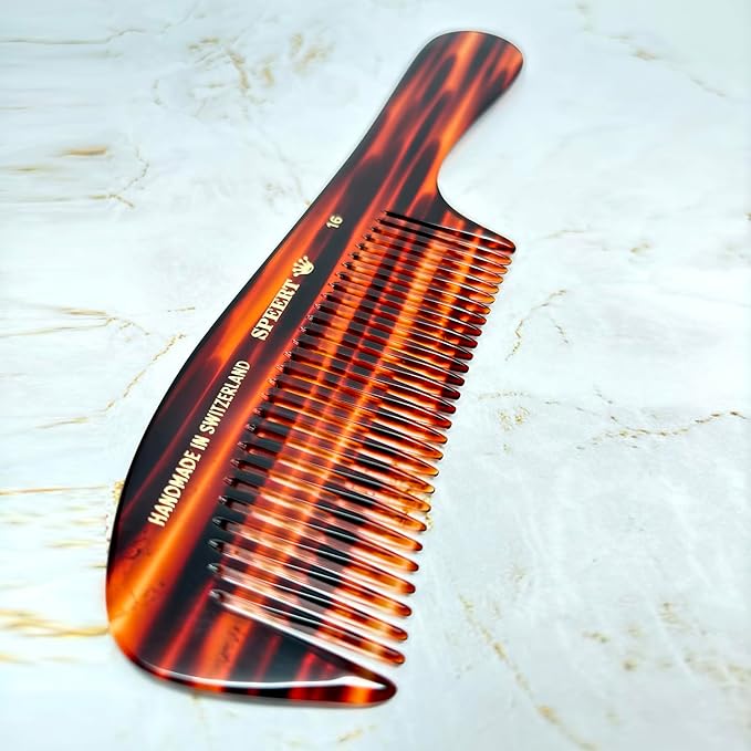 #16 Handmade Wide Tooth Rake Comb Tortoise Havana Acetate Large Handle Thick Coarse Curly Hair Detangling Parting Grooming Teasing Hair Styling Hairdresser Barber Hairdressing Wet Dry Pocket