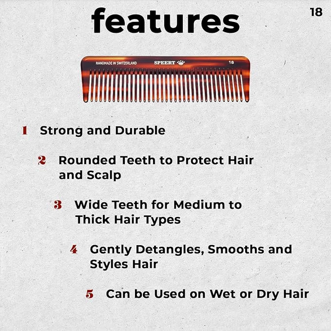 #18 Handmade Wide Tooth Comb Tortoise Havana Acetate Thick Coarse Curly Detangling Parting Grooming Teasing Hair Styling Hairdresser Barber Hairdressing Wet Dry Pocket Travel Women Men Kids