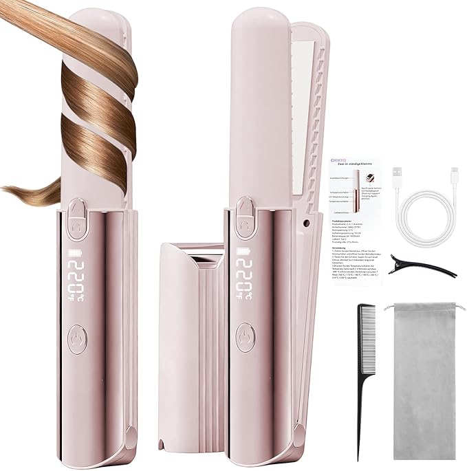 CHIKYO Cordless 2 in 1 Hair Straightener Portable On-The-Go Curling Iron, Portable Power Bank, 7 Temps, LED Display, Rechargeable Mini Flat Iron for Travel, 5000mAh Battery, Pink
