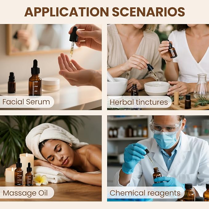 50 Pcs 1/2oz Amber Glass Dropper Bottles with Measurement, 15ml Leakproof Tincture Bottles with Funnels, Eye Droppers, Extra Caps & Labels, Refillable Empty Bottle for Tinctures, Essential Oils