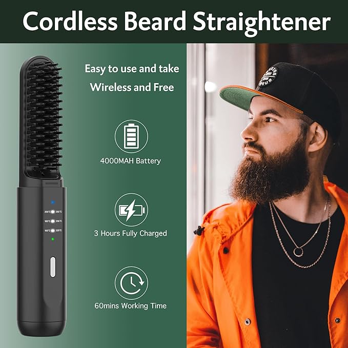 Beard Straightener for Men, Portable Cordless Heated Hair & Beard Straightening Brush with Anti-Scald & Ionic Technology, 3 Temperature Setting Comb for Home Travel