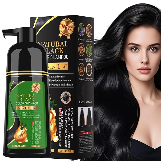 Black Hair Dye Shampoo 6-in-1 Unisex Natural Herbal Formula, Hair Color Shampoo for Women&Man Long-Lasting Color for Grey Coverage Home & Salon (Natuarl Black)