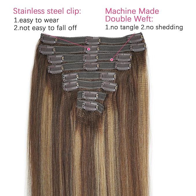 #4/27/4 Highlight Yaki Straight Clip in Hair Extensions Real Human Hair Omber Clip ins For Women Yaki Straight Clip on Hair(18inch,#4/27/4)