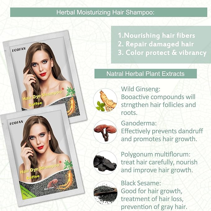 10 PCS Coffee Hair Dye Shampoo 3 in 1 Natural Hair Color Shampoo, Semi- Permanent Instant Hair Dye for Men & Women - Herbal Ingredients (Coffee)