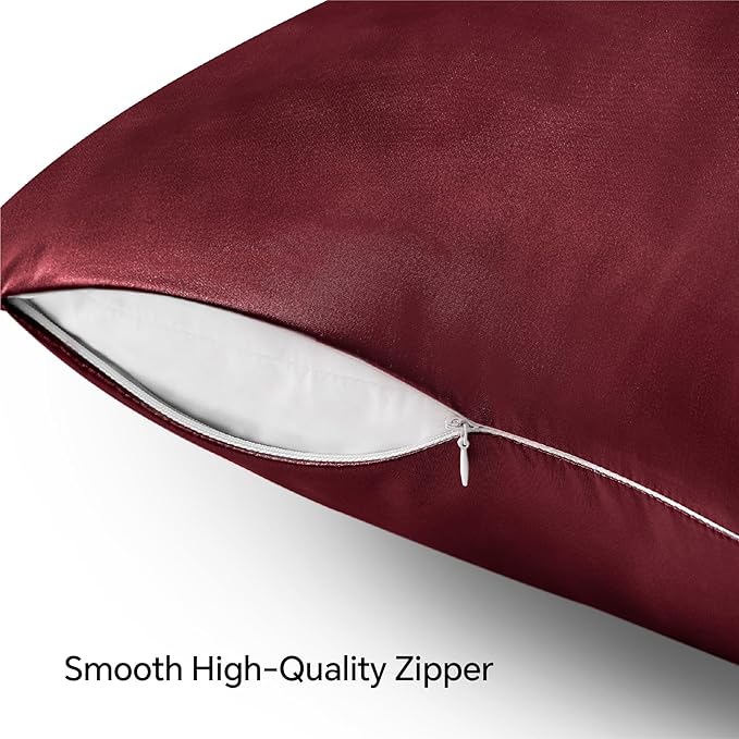 BEDELITE Satin Pillowcase with Zipper, Burgundy Pillow Cases Queen Size Set of 2, Super Soft and Cooling Similar to Silk Pillow Cases, Gift for Women Men(20x30 Inches)