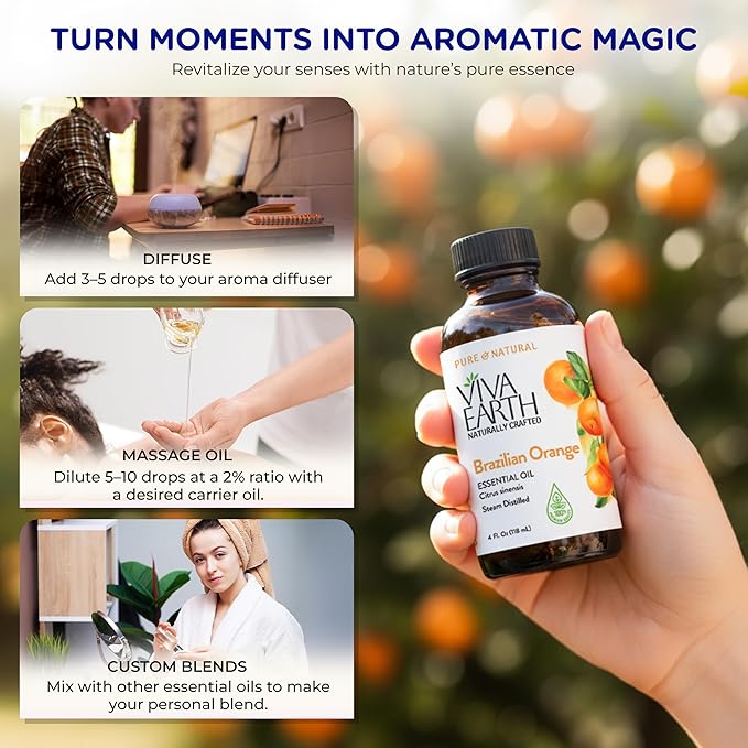 Brazilian Orange Essential Oil – Pure and Natural Orange Citrus Aroma for Diffusers, Aromatherapy, Hair and Scalp Care, Skin Care, Massage Oils, Soap and Candle Making – with Dropper, 4 Oz