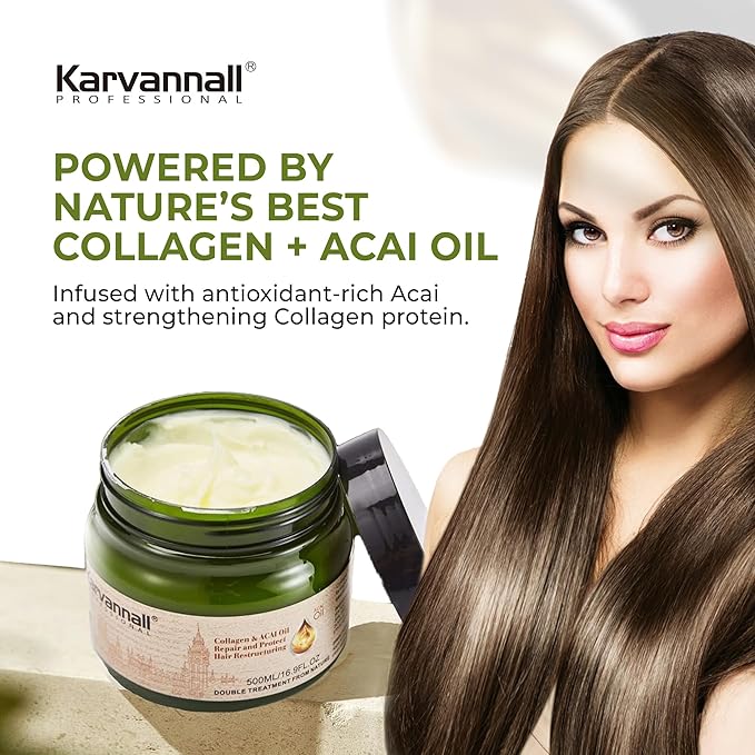 Double Treatment Collagen Hair Mask with Acai Oil, Damage Repair Hair Treatment Cream for Dry, Damaged & Color-Treated Hair, Sulfate & Paraben-Free, Suitable For All Hair Types, 16.9 fl oz / 500 ml