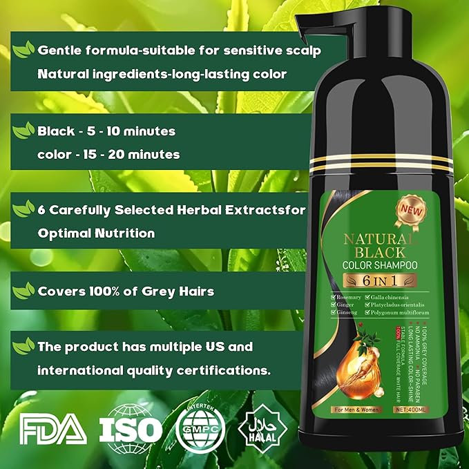 Black Hair Dye Shampoo 6-in-1 Unisex Natural Herbal Formula, Hair Color Shampoo for Women&Man Long-Lasting Color for Grey Coverage Home & Salon (Natuarl Black)