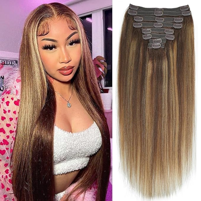 #4/27/4 Highlight Yaki Straight Clip in Hair Extensions Real Human Hair Omber Clip ins For Women Yaki Straight Clip on Hair(12inch,#4/27/4)