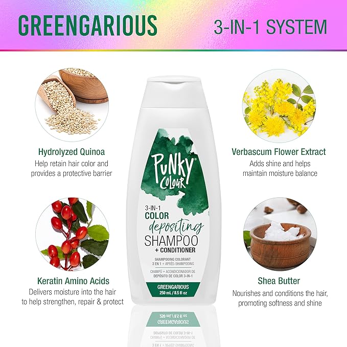 Punky Colour 3-in-1 Color Depositing Conditioner & Hair Cleanser - Greengarious, Semi Permanent Hair Color Conditioner, Sulfate-Free Hair-Dye, 8.5 fl oz.
