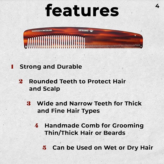 #4 Handmade Wide Narrow Tooth Comb Tortoise Havana Acetate Thick Coarse Curly Thin Fine Straight Hair Detangling Parting Grooming Teasing Styling Hairdresser Barber Hairdressing Wet Dry Pocket