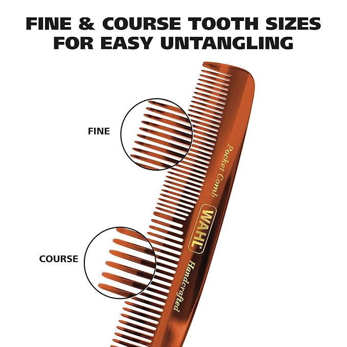Wahl Beard, Mustache, & Hair Pocket Comb for Men's Grooming - Handcrafted & Hand Cut with Cellulose Acetate - Smooth, Rounded Tapered Teeth - Model 3324