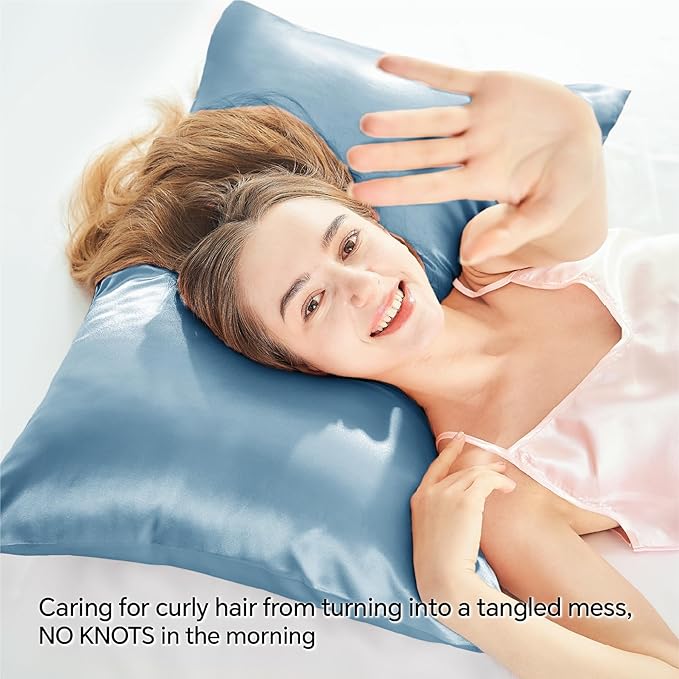 BEDELITE Satin Pillowcase with Zipper, Airy Blue Pillow Cases Queen Size Set of 2, Super Soft and Cooling Similar to Silk Pillow Cases, Gift for Women Men(20x30 Inches)