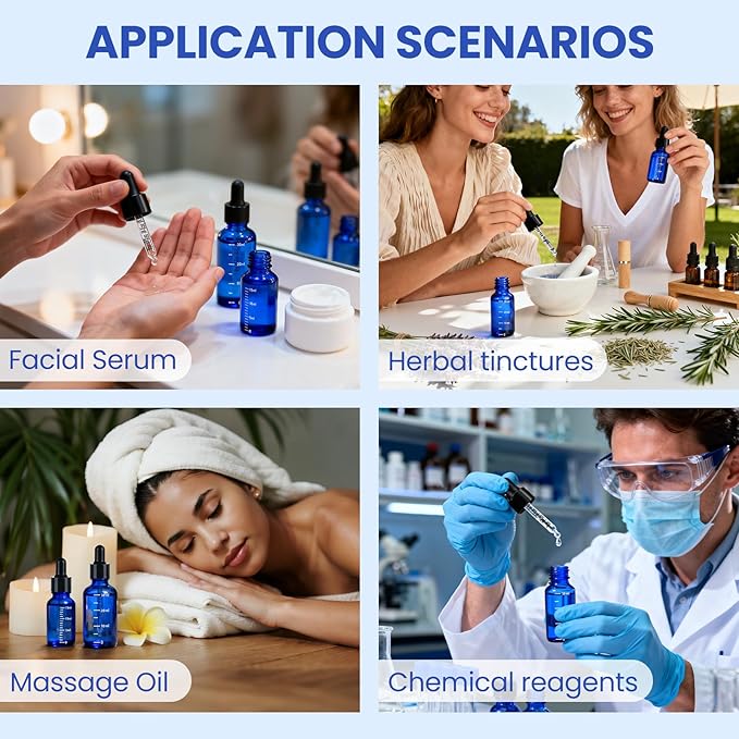 63 Pcs 1oz Blue Glass Dropper Bottles with Measurement, 30ml Leakproof Tincture Bottles with Funnels, Eye Droppers, Extra Caps & Labels, Refillable Empty Bottles for Tinctures, Essential Oils