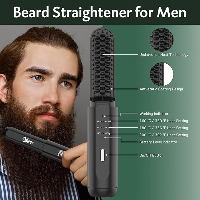 Beard Straightener for Men, Portable Cordless Heated Hair & Beard Straightening Brush with Anti-Scald & Ionic Technology, 3 Temperature Setting Comb for Home Travel