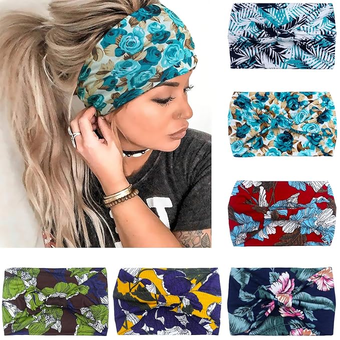 IVARYSS Wide Headbands for Women, Knotted Head Wraps Turbans, Large African Style Head Bands Hair Accessories, 6 Pack (Floral)