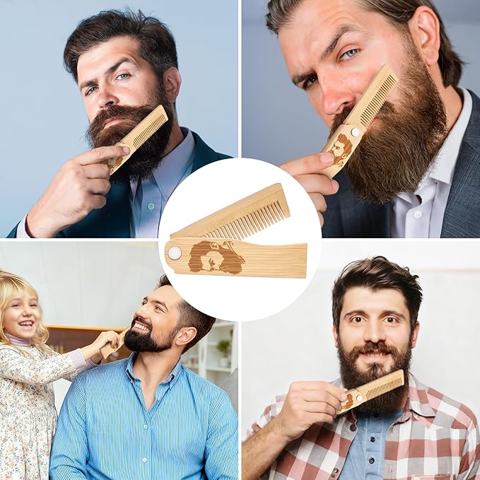 Folding Beard Comb for Men, Portable Bamboo Beard & Mustache Comb Hair Brush with Travel Pouch, Ideal Father’s Day, Birthday, Christmas Gift Stocking Stuffers for Him