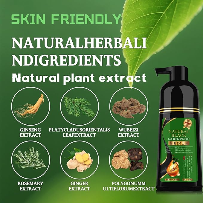 Black Hair Dye Shampoo 6-in-1 Unisex Natural Herbal Formula, Hair Color Shampoo for Women&Man Long-Lasting Color for Grey Coverage Home & Salon (Natuarl Black)