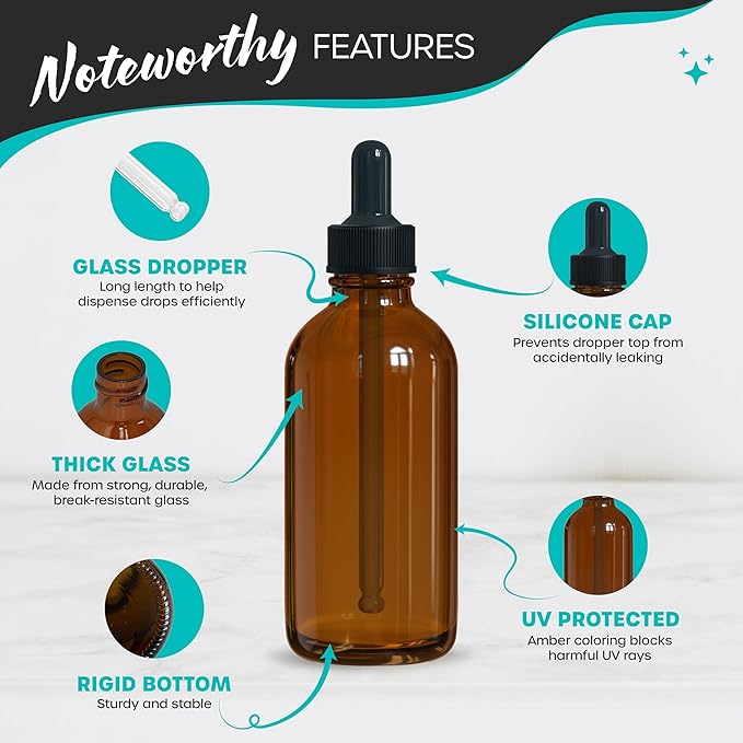 Nevlers 3 Pack Amber Dropper Bottle 4oz Set | Amber Tincture Bottles with Dropper, Shrink Wraps and Funnel | Leakproof Small Oil Bottles for Hair or Eye Dropper Bottle