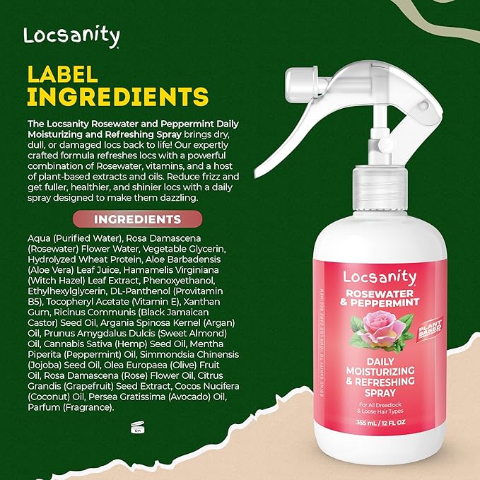 Locsanity Daily Moisturizing Refreshing Spray for Locs, Dreadlocks - Rose Water and Peppermint Hair Scalp Moisturizer, Dreadlock Spray - Natural Loc Care and Maintenance (12oz)