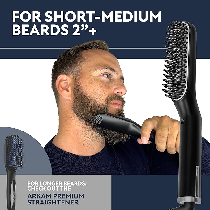 Arkam Beard Straightener for Men - Original Heated Beard Brush Kit w/Anti-Scald Feature, Dual Action Hair Comb and Travel Bag for Short to Medium Beards -Costume Accessories and Grooming Gifts for Men
