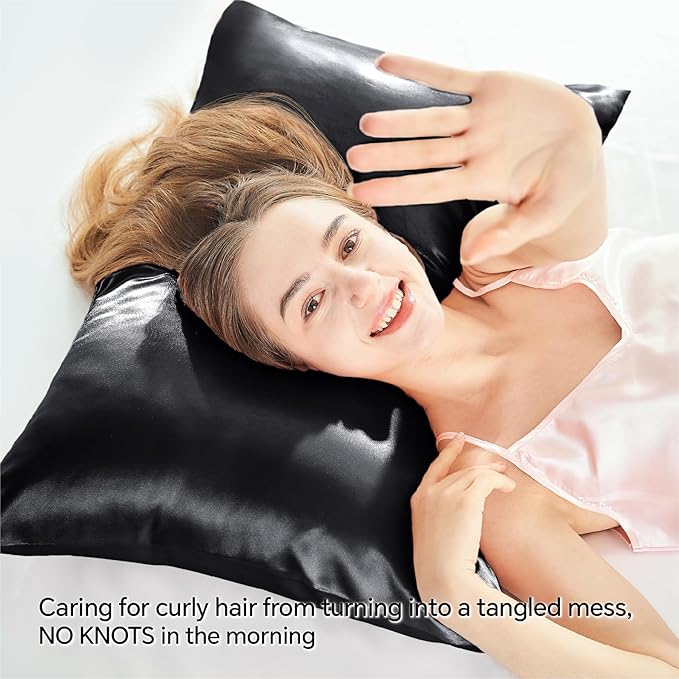 BEDELITE Satin Pillowcase with Zipper, Black Pillow Cases Queen Size Set of 2, Super Soft and Cooling Similar to Silk Pillow Cases, Gift for Women Men(20x30 Inches)