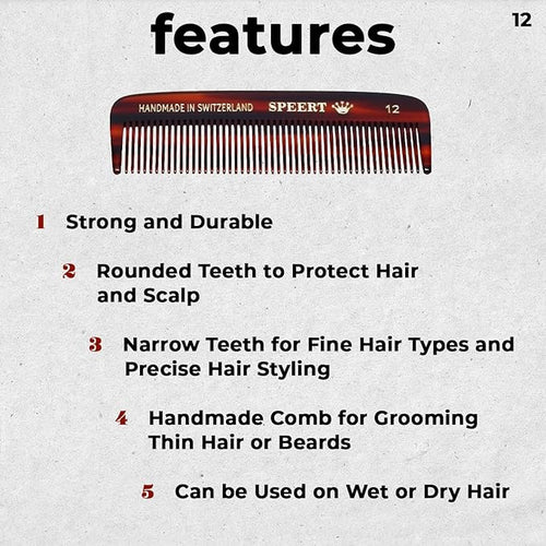 #12 Handmade Narrow Tooth Comb Tortoise Havana Acetate Fine Straight Thin Detangling Parting Grooming Teasing Hair Styling Hairdresser Barber Hairdressing Wet Dry Pocket Travel Women Men Kids