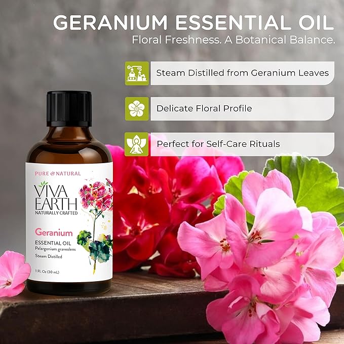 Geranium Essential Oil – Steam-Distilled, Pure & Natural, Long-Lasting Floral Aroma for Skin, Hair, Aromatherapy, DIY Beauty, Soap & Candle Making, 1 fl oz