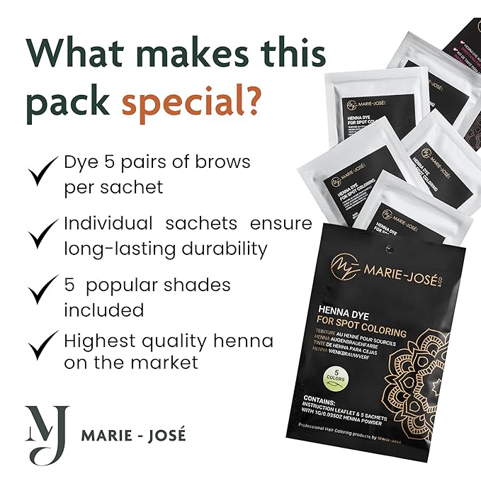 Marie-José Henna Dye - Professional Henna Tint for Spot Coloring - Covers Grey Hair - Root Touch Up - Good for 50 Applications (5 Colors Set)