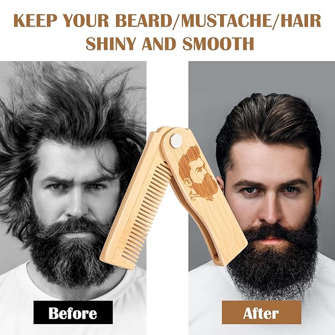 Folding Beard Comb for Men, Portable Bamboo Beard & Mustache Comb Hair Brush with Travel Pouch, Ideal Father’s Day, Birthday, Christmas Gift Stocking Stuffers for Him