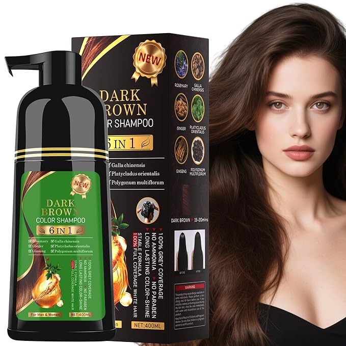 Black Hair Dye Shampoo 6-in-1 Unisex Natural Herbal Formula, Hair Color Shampoo for Women&Man Long-Lasting Color for Grey Coverage Home & Salon (Dark Brown)